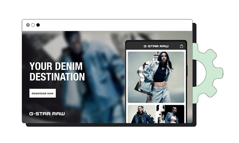 On a browser screen, a G-Star Raw ad. On the left, copy reads: “Your denim destination”. Below, a “download now” button. On the right, on a screen, various images of people wearing G-Star Raw clothing.