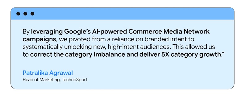 Patralika Agrawal, Head of Marketing at TechnoSport, shares how Google's AI-powered Commerce Media Network campaigns unlocked high-intent audiences and delivered 5X category growth, helping them increase ROI and sustainably drive profitable growth.