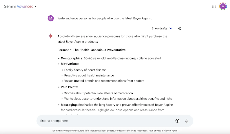 User M prompts Gemini Advanced to “Write audience personas for people who buy the latest Bayer Aspirin.” The response is “Persona 1: The Health-Conscious Preventative,” along with a list of demographics, pain points, and messaging suggestions.