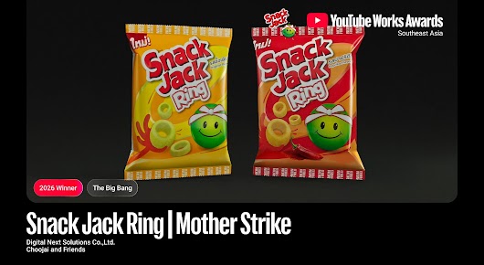 YouTube Works Awards Southeast Asia 2026 Winner thumbnail for 'Snack Jack Ring | Mother Strike' by Digital Next Solutions Co., Ltd. and Choojai and Friends. The image displays original and paprika flavored bags of Snack Jack Ring with their signature green mascot against a dark backdrop under 'The Big Bang' award category.