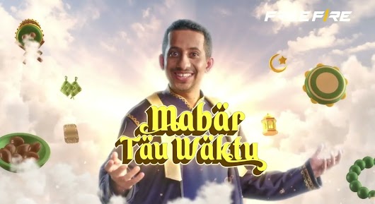 The video thumbnail shows a collage of scenes from a Ramadan-themed advertisement for the game Garena Free Fire, featuring a young man enjoying the game while balancing his time for religious and family activities.