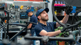 A mechanic in a cap and gloves works on a bicycle wheel in a repair shop, with tools hanging on the wall behind him.