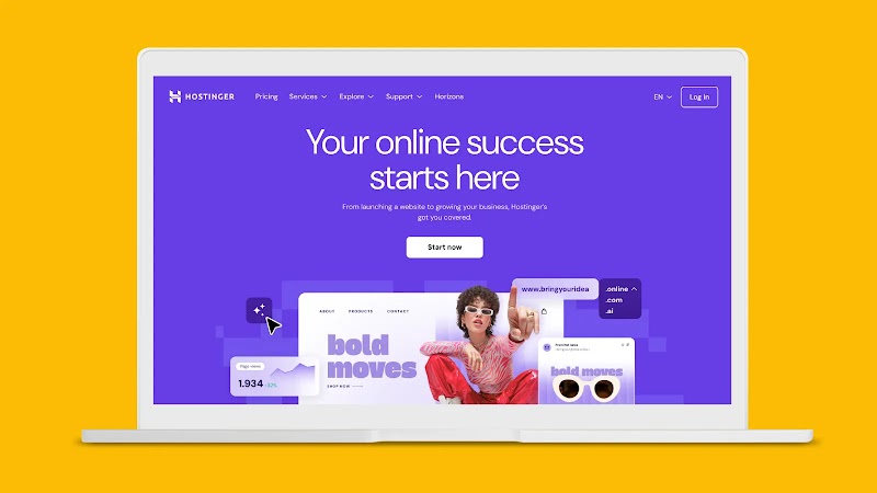 A screenshot of the Hostinger website homepage on a laptop screen, featuring a bold, purple background with the text "Your online success starts here", and an overlaid graphic with a person and the phrase "bold moves".