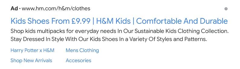 Google Search ad for H&M kid's shoes