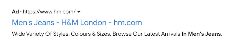 Google Search ad for H&M men's jeans in London.