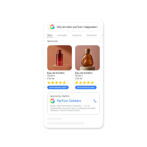 "Yakınımdaki parfüm mağazaları" arama sorgusuna sahip bir cep telefonu Google Arama ekranı; sonuçlarda isimleri, fiyatları ve 5 yıldızlı yorumlarıyla parfüm reklamları ve parfüm mağazasının telefonunu içeren bir kart gösteriliyor.