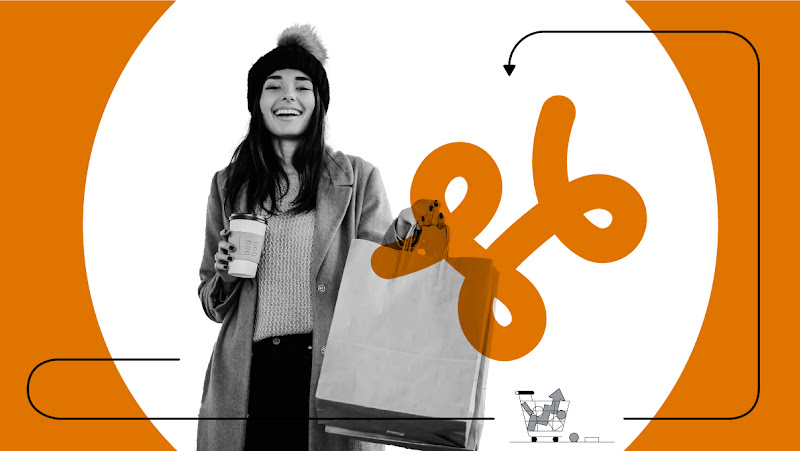 Una chica con el pelo largo negro y un gorro mira sonriente al frente, en una mano sostiene unas bolsas y en el otro un café. Le rodea un marco de color naranja y un garabato grande naranja que representa el recorrido de compra.