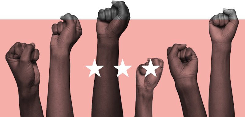 3 stars overlaying many raised fists