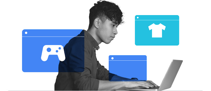 A Singaporean man using his laptop to browse, research and purchase mobile games and shop online