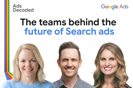 Podcast thumbnail for "Ads Decoded" Season 1, Episode 3. The image features a split-screen design: on the left, host Ginny Marvin is shown in a professional studio setting; on the right, guests Abby Butler and Adam Bullock are in a similar video-call format. The title text reads "Search ads: How Google is reimagining experiences that drive value." The Google Ads logo is visible in the bottom corner.