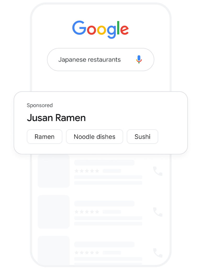 A mobile phone showing a search query for Japanese restaurants and a relevant ramen shop ad in results. 