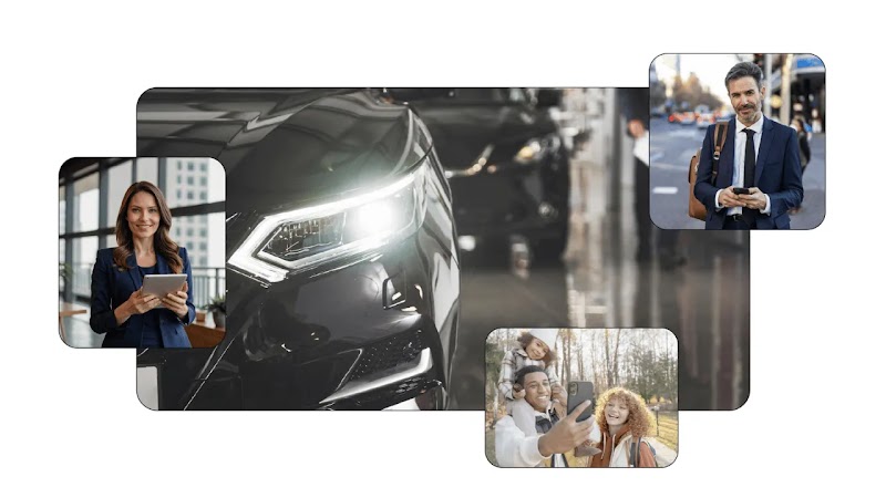 Imagem de um carro posicionado no centro da imagem; ao redor, três ícones com diferentes tipos de consumidores: uma mulher de negócios, um homem empresário e uma família. 