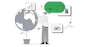 Una donna interagisce con un globo terrestre rappresentato come fosse il fiore di una pianta. A destra un fumetto verde e una serie di icone collegate da rami che simboleggiano delle pale eoliche, delle shopper riciclabili e un cartellino.