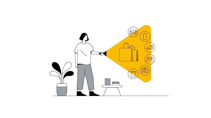 Ilustração de uma pessoa  em pé segurando uma lanterna que projeta um feixe amarelo, destacando ícones de compras, incluindo sacolas, um smartphone, roupas e um tênis.