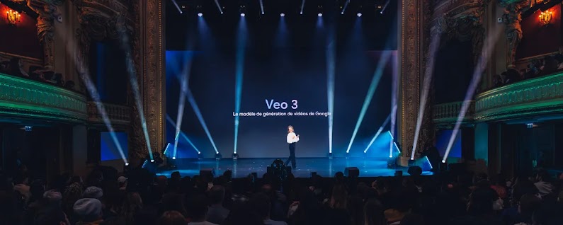 L'écran affiche en texte blanc le titre Veo 3 et la description Le modèle de génération de vidéos de Google. La scène est fortement éclairée par des projecteurs blancs et bleus formant des cônes de lumière.