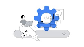 A marketer with light skin and a dark bobbed haircut, wearing wide-legged pants and a T-shirt, sits on an oversized Search bar while using a laptop to work on an AI-powered advertising campaign.