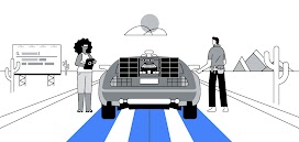 Una mujer de pelo rizado oscuro y un hombre de pelo corto están en el desierto junto al coche de "Regreso al futuro", que parece impulsado por IA.