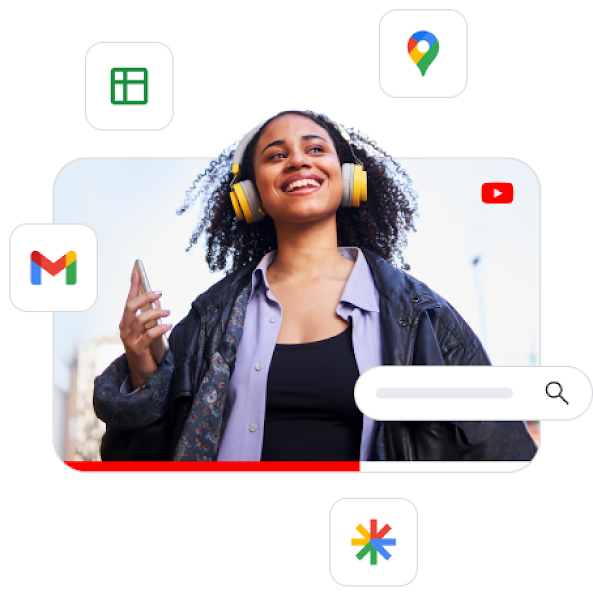 A woman surrounded by symbols for various Google products such as Gmail and YouTube.