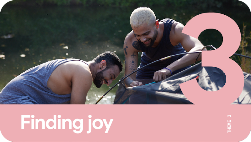 Theme 3: Finding joy. Two men having fun as they set up a tent by the riverside during an overseas holiday.