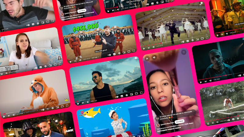 Una cuadrícula de miniaturas de videos de YouTube, incluyendo videos musicales, vlogs, y videos de creadores populares como MrBeast y Baby Shark.El fondo es de color rosa vibrante.