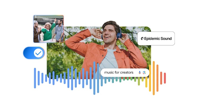 A young man wearing headphones is smiling. Over the photo, the Epidemic Sound logo, and the phrase  “music for creators” in a search bar. In the top-left corner, a smaller photo with 3 people wearing headphones and dancing. A volume icon overlays.