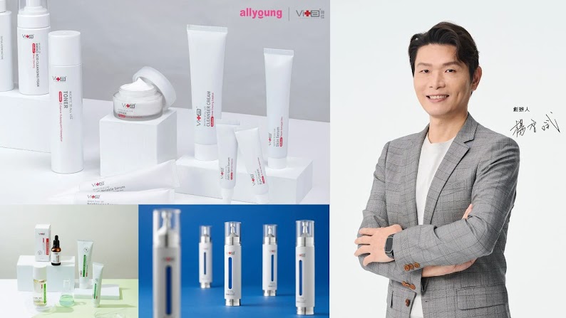 保養品牌產品陳列與創辦人形象照組合視覺，左側為多款保養品與精華瓶陳列於白色與藍色背景，右側為身穿西裝外套的創辦人站立於淺色背景前。 iSPOT Media 與保養品牌合作案例，強調透過 Google Award 肯定的數據驅動策略與 AI 工具，結合第一方數據，成功提升高價值保養品銷售占比與長期營收成長。