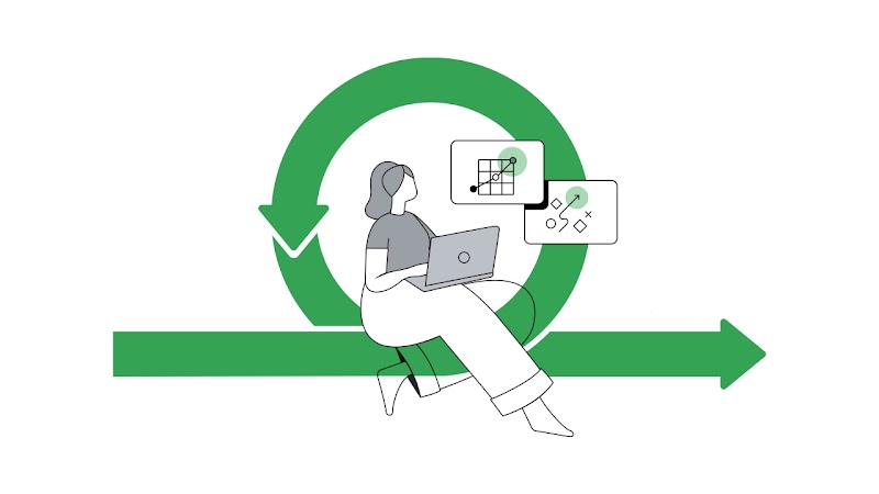 Una mujer está sentada con una computadora en su mano. Alrededor, flechas verdes que van y vienen y dos gráficos ascendentes.