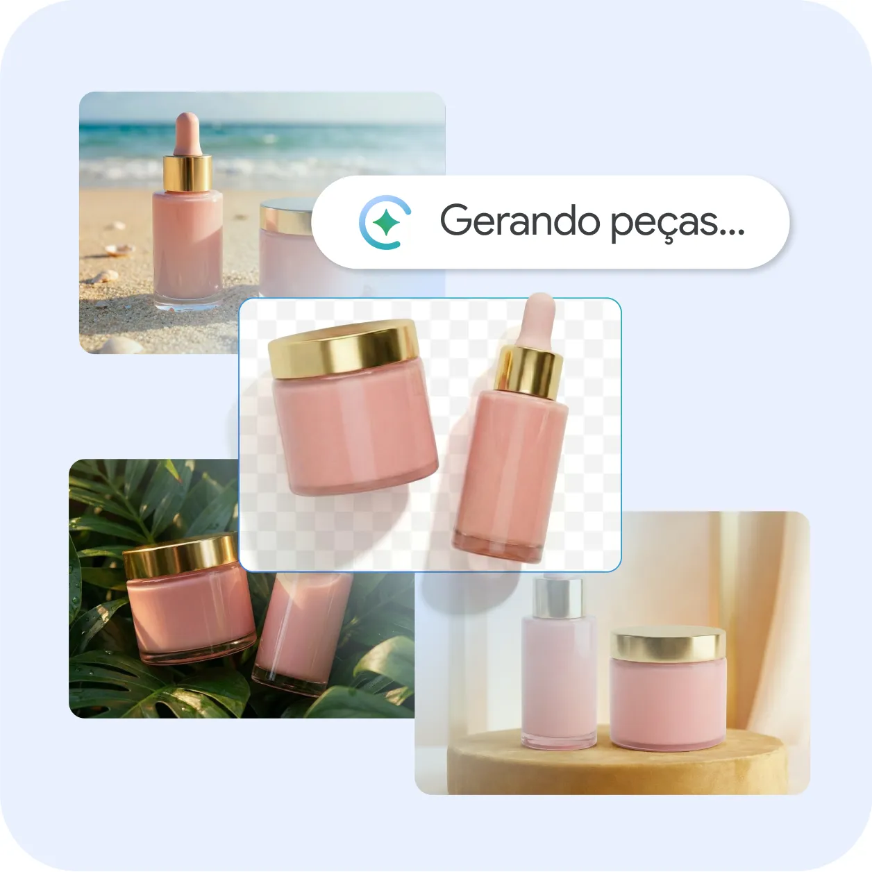 Gráfico mostrando o fluxo de geração de imagens por IA. Um balão de progresso com ícone de brilho diz “Gerando peças...”, sobreposto a diversos fundos estilizados de produtos cor-de-rosa para uma linha de cuidados com a pele.