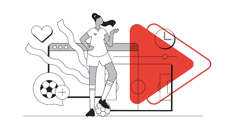 Uma jogadora de futebol com uniforme está com uma bola em seu pé. Ao redor, há abas abertas, campo de futebol, caixa de mensagem, coração, relógio e player.