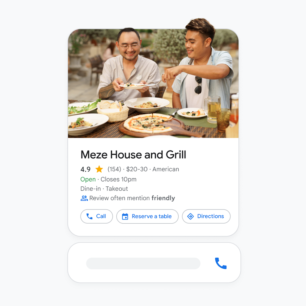 A greek restaurant’s Local Services Ads with two people dining and the restaurant’s essential  information.