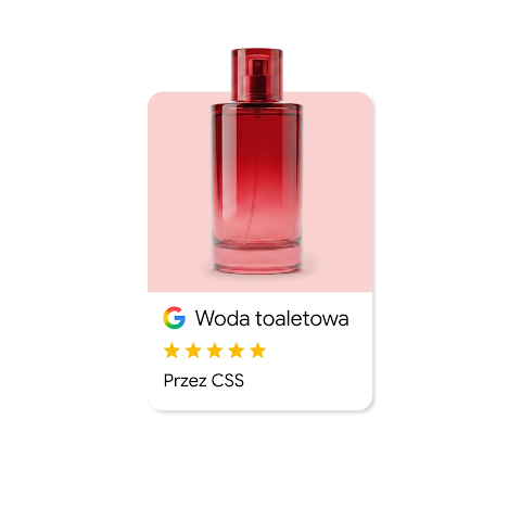 Reklama w wyszukiwarce Google czerwonego flakonu perfum o nazwie: „Eau de toilette" i 5 gwiazdek.