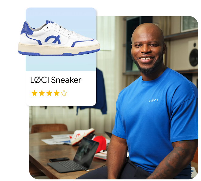 A composite digital image featuring a smiling man in a vibrant blue t-shirt sitting in a studio or office setting. Overlaid in the top-left corner is a white product card showcasing a "LØCI Sneaker," a white low-top shoe with blue accents and a tan sole. The card includes a 4-star rating. In the blurred background, a wooden desk holds a laptop and design materials.