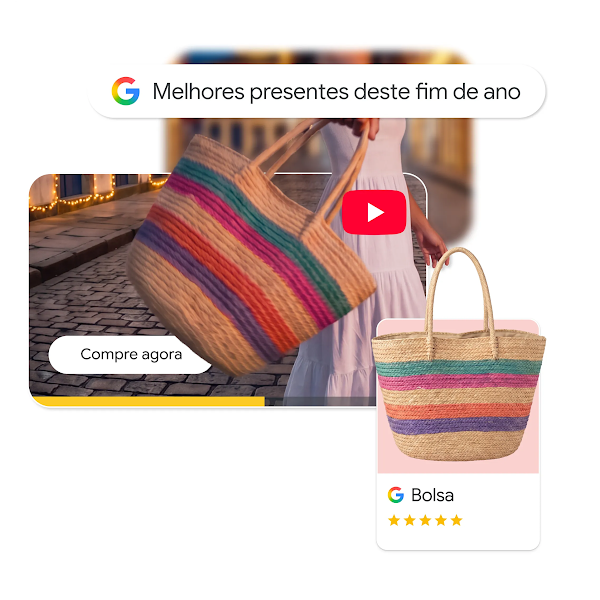 Colagem digital ilustrando a jornada de compra de uma bolsa vermelha bordada, com uma barra da Pesquisa Google mostrando o texto "Melhores presentes para as festas de 2026", um trecho de vídeo do YouTube com um botão "Compre agora" e um card de produto do Google Shopping com 5 estrelas.