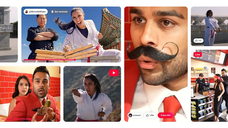 Eine Galerie von Standbildern aus YouTube-Videos mit Michelle Khare und Adam W. Khare ist in einem Karate-Anzug zu sehen, während sie einen Stapel Bretter durchschlägt. Adam W trägt einen roten Anzug mit Krawatte und einen extravaganten Zwirbelbart.