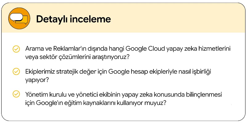 Detaylı İnceleme 5: Arama ve Reklamlar dışında hangi Google Cloud hizmetlerini inceliyoruz? Ekiplerimiz strateji için Google hesap ekipleriyle nasıl çalışıyor? Yöneticiler için Google'ın yapay zeka eğitimlerini kullanıyor muyuz?