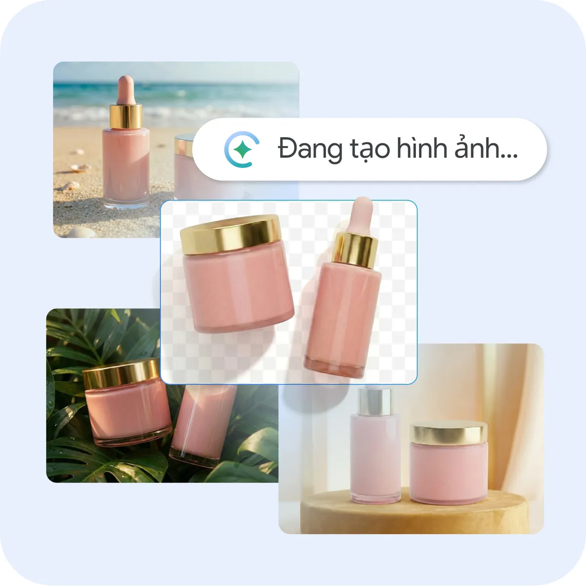 Đồ họa minh hoạ quy trình tạo hình ảnh bằng AI. Một bong bóng tiến trình có biểu tượng lấp lánh ghi "Đang tạo thành phần..." được đặt trên nhiều hình nền chụp ảnh sản phẩm cách điệu cho một dòng sản phẩm chăm sóc da màu hồng.