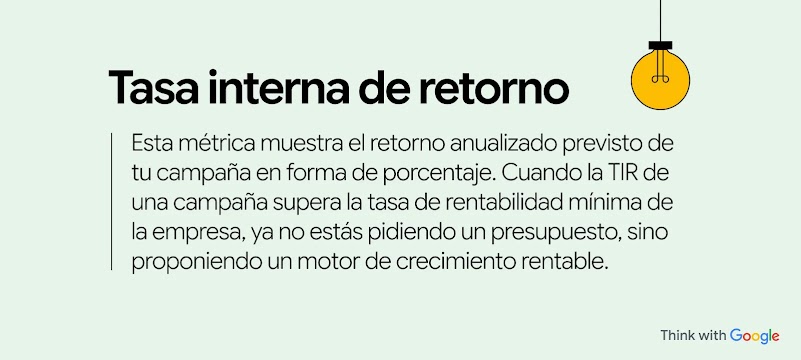 La tasa interna de retorno muestra el retorno anualizado previsto de tu campaña en forma de porcentaje. Cuando la TIR de una campaña supera la tasa de rentabilidad mínima de la empresa, estás proponiendo un motor de crecimiento rentable.