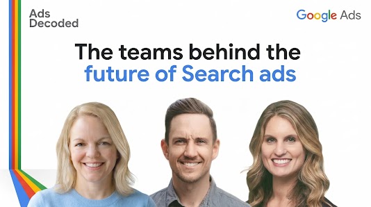 Podcast thumbnail for "Ads Decoded" Season 1, Episode 3. The image features a split-screen design: on the left, host Ginny Marvin is shown in a professional studio setting; on the right, guests Abby Butler and Adam Bullock are in a similar video-call format. The title text reads "Search ads: How Google is reimagining experiences that drive value." The Google Ads logo is visible in the bottom corner.