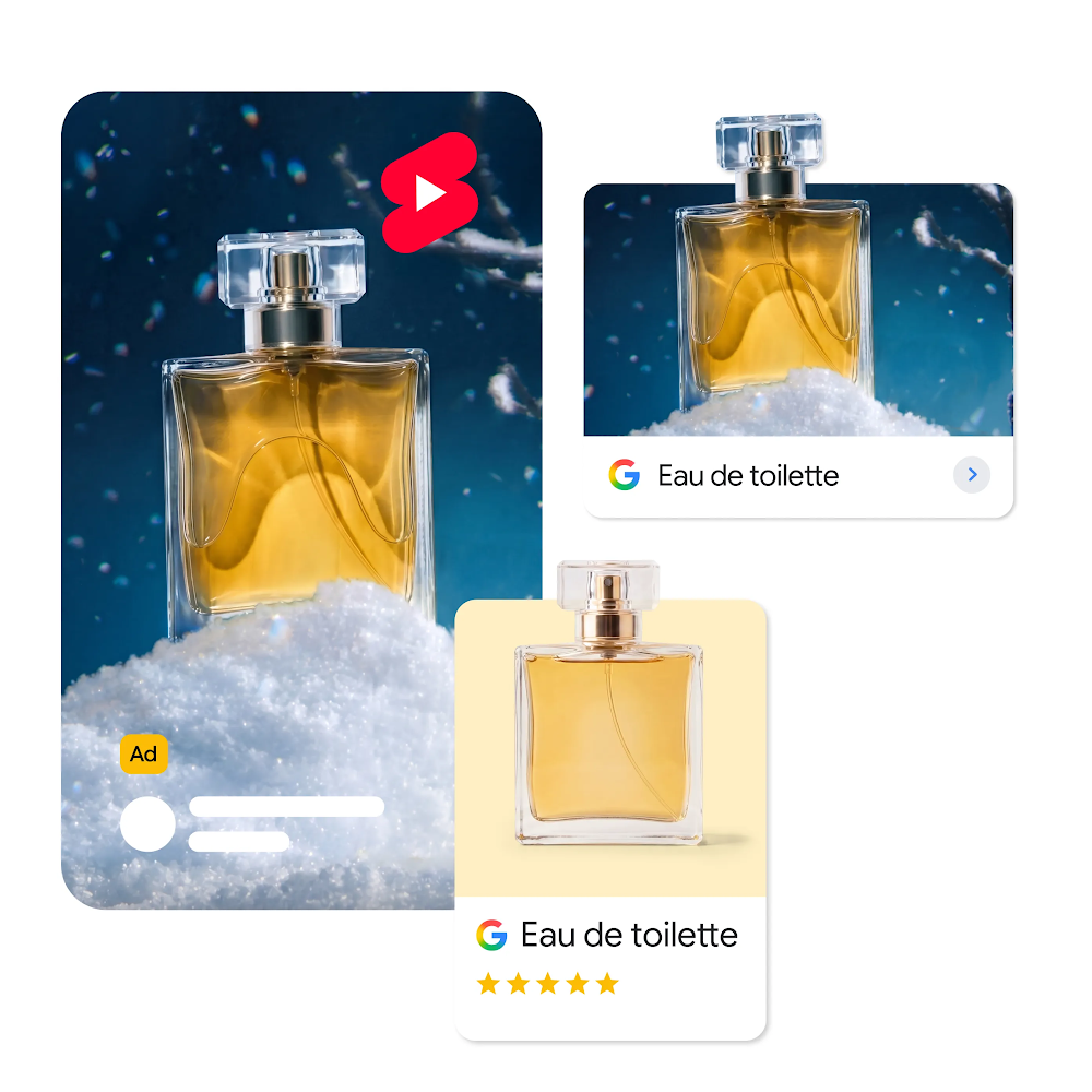 A digital collage displaying a square bottle of amber-colored perfume featured across three different ad formats: a vertical YouTube Shorts video ad in a snowy setting, a horizontal search image card, and a standard Google Shopping product card.