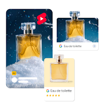A digital collage displaying a square bottle of amber-colored perfume featured across three different ad formats: a vertical YouTube Shorts video ad in a snowy setting, a horizontal search image card, and a standard Google Shopping product card.