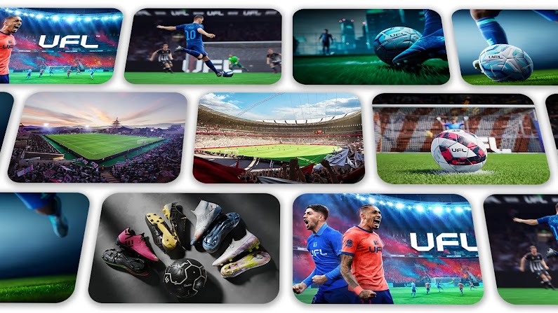 A collage of rounded rectangular images showcasing the football video game UFL. It features in-game match action, packed stadiums under bright lights, close-ups of branded soccer balls, football boots, and shouting players with "UFL" text overlay.