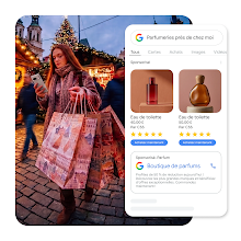 Graphique numérique d'une femme utilisant son smartphone tout en portant des sacs de courses sur un marché de Noël, avec une interface de recherche Google mobile en superposition.