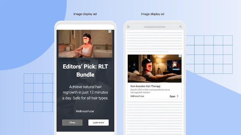 Graphic showcasing two mobile phone mockups displaying "Image display ad" examples against a light blue background. The left phone displays a full-screen advertisement titled "Editors' Pick: RLT Bundle" by WellnessPulse, featuring a person using a glowing red light therapy helmet and text promising hair regrowth in 12 minutes a day. The right phone shows a smaller in-feed banner ad on a simulated web page for "Non-Invasive Hair Therapy" by WellnessPulse, illustrating a man wearing the same therapy helmet while watching television on a couch.
