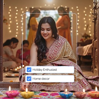 A smiling woman in an ornate saree lighting festive oil lamps on a rangoli pattern, with audience targeting checkboxes labeled "Holiday Enthusiast" and "Home decor".