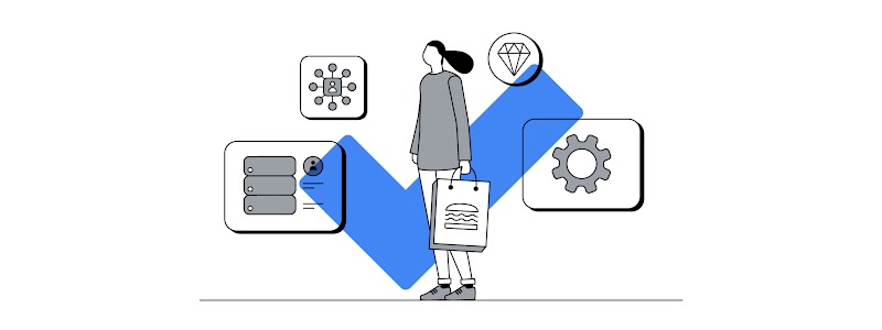 Una persona sostiene una bolsa de compras en la mano con el dibujo de una hamburguesa. Detrás de ella, un gran tilde azul. A su alrededor, cuatro íconos: un engranaje, un diamante, una ficha y un esquema de relaciones.