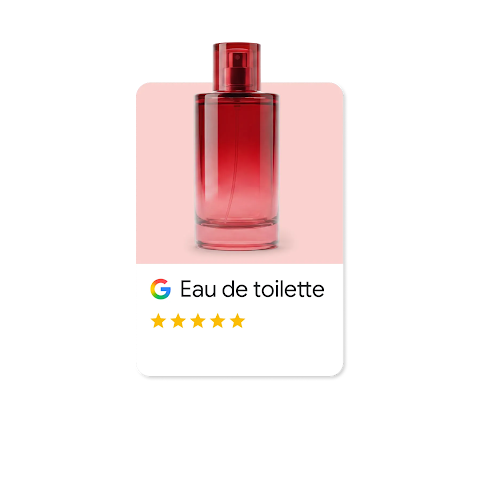 Anúncio de pesquisa do Google mostrando um frasco de perfume vermelho chamado "Eau de toilette" e uma avaliação de 5 estrelas.