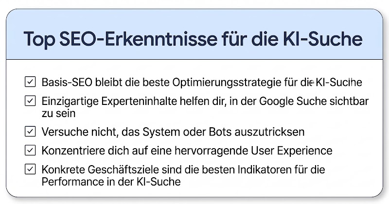 Eine Grafik mit dem Titel „Top SEO-Erkenntnisse für die KI-Suche“. Darunter befindet sich eine Checkliste mit fünf Punkten in deutscher Sprache, die betonen, dass Basis-SEO, einzigartige Experteninhalte, eine hervorragende User Experience und konkrete Geschäftsziele der Schlüssel zum Erfolg sind.
