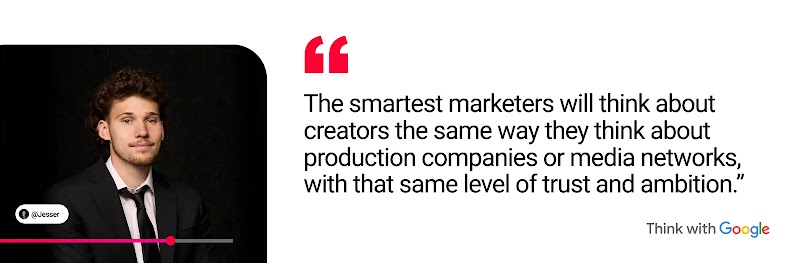 YouTube creator Jesser, a man with light skin, dark hair, and in a rumpled suit, says: The smartest marketers will think about creators the same way they think about production companies or media networks, with that same level of trust and ambition.