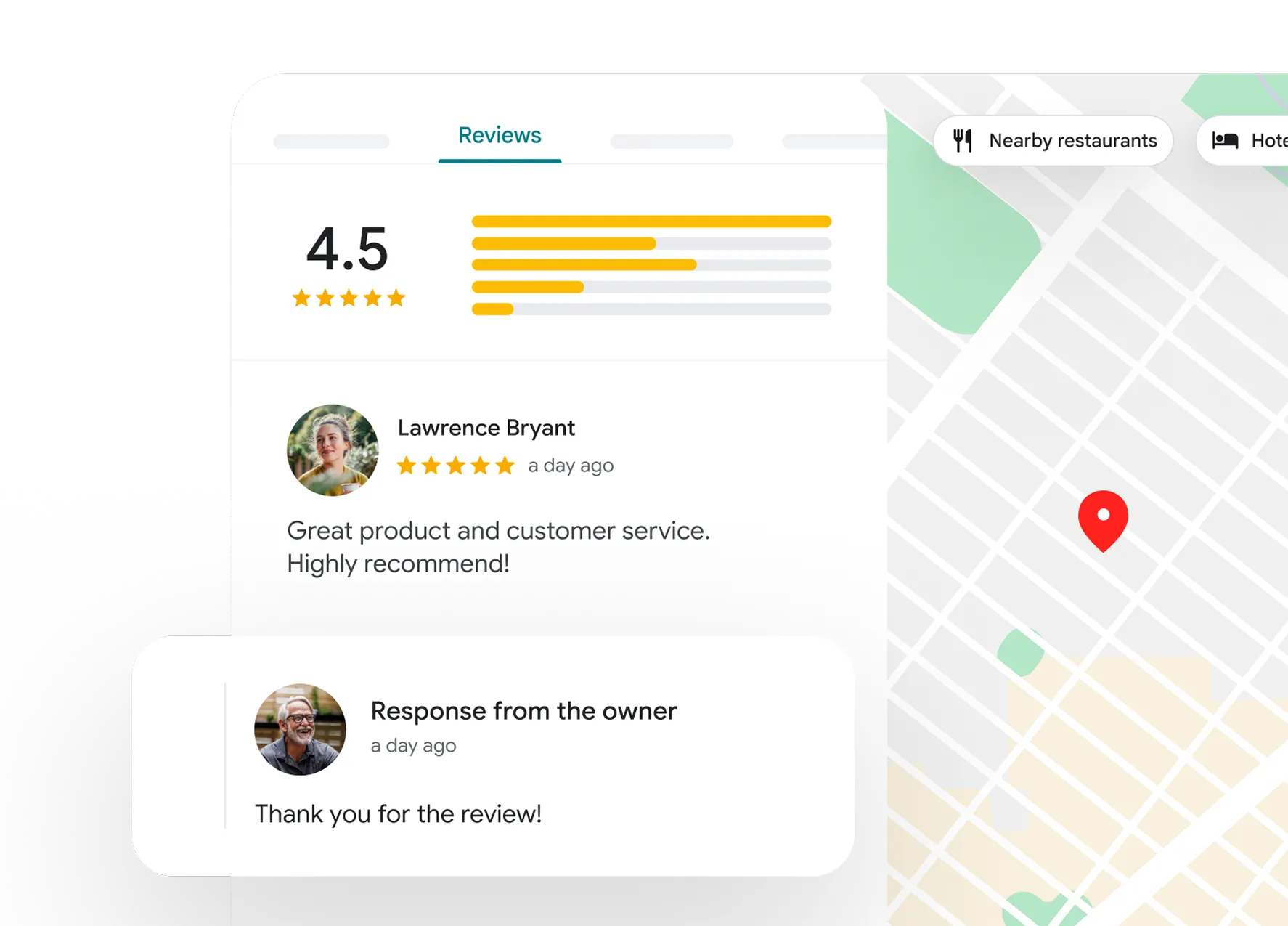 Snapshot of reviews on Google Maps with the business owner responding to a positive comment.