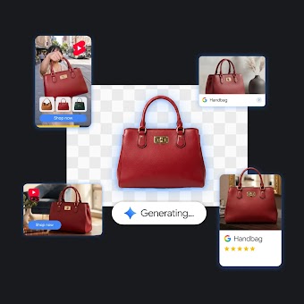 A red leather handbag isolated in the center with a "Generating..." prompt badge, surrounded by generative ad previews across video and shopping formats.